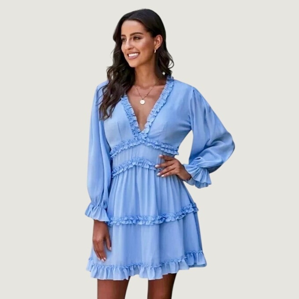 Light Blue Ruffled V-Neck Mini Dress Cottagecore Romantic Open Back Tiered XL